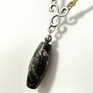 Natural Black & White Orthoceras Fossil Lariat, Genuine Gemstone Cord Necklace
